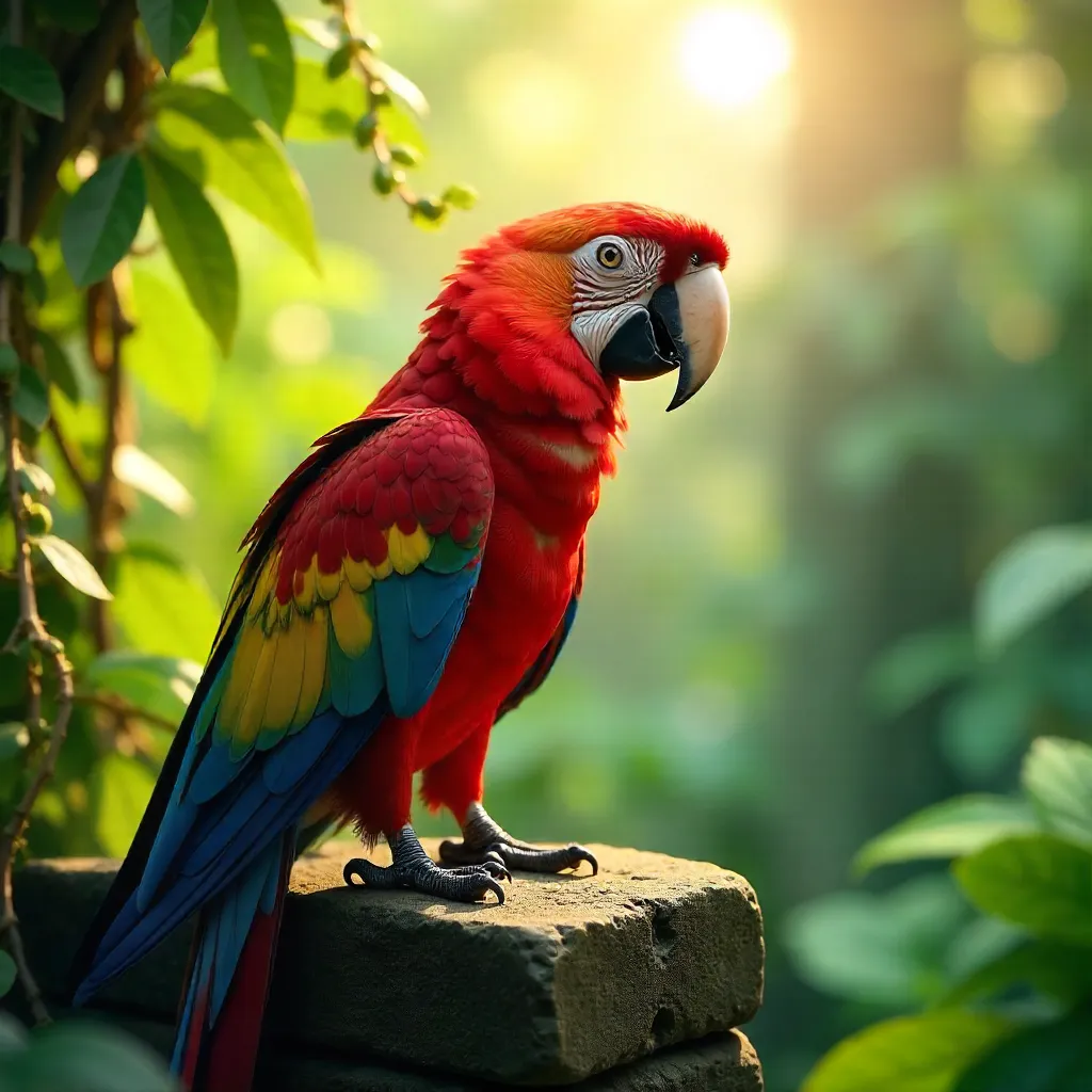 Sunlit Parrot on Stone Amid Green Foliage