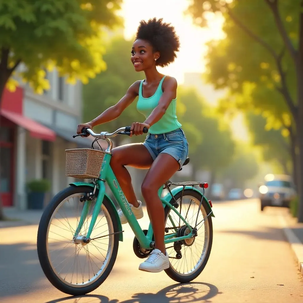 Cheerful Black Woman on a Bicycle - 3D Render