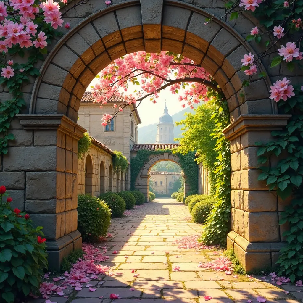 Archway Vista: Blooming Trees and Stone Walls