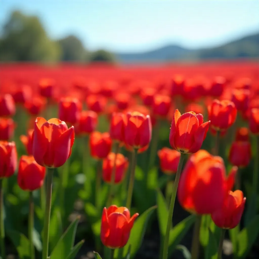 Red Tulip Field in a Clear Spring Sky