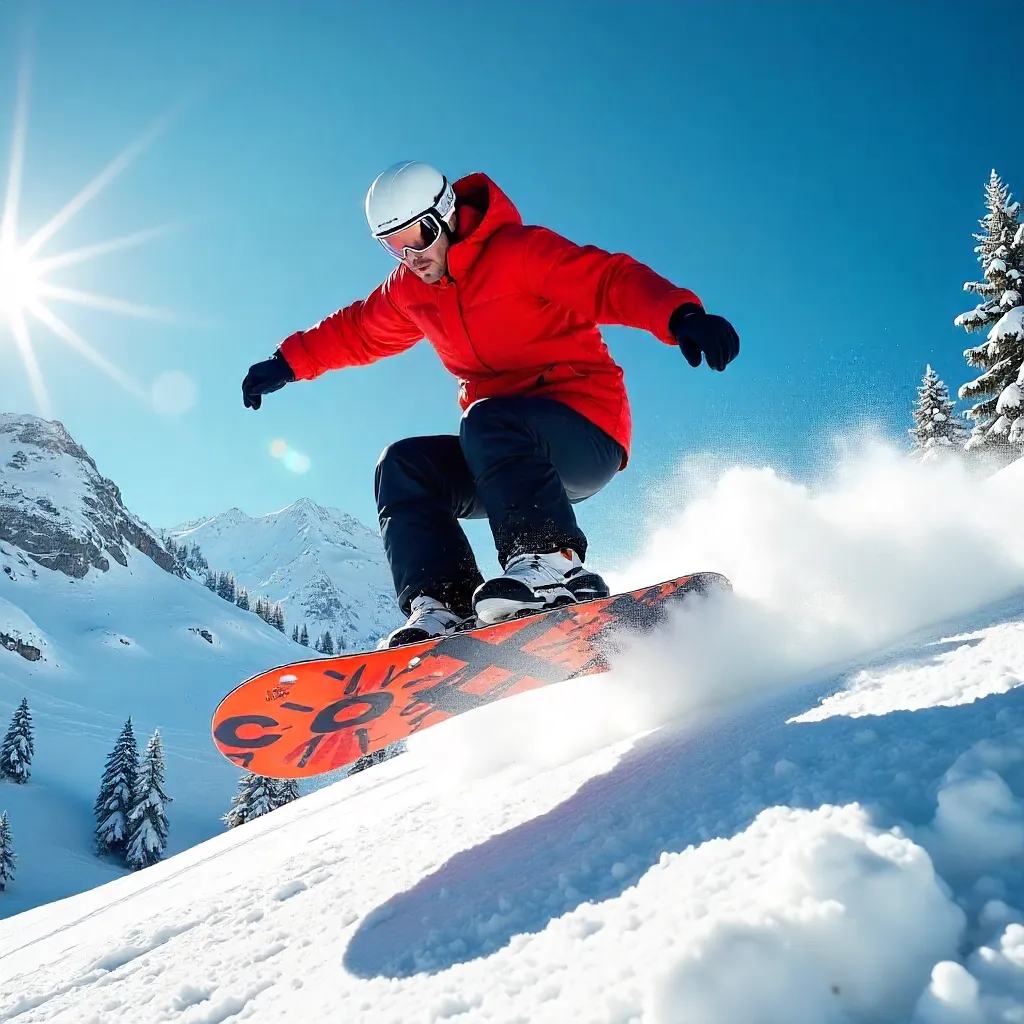 Snowboarder Jumping under a Blue Sky in Le Grand-Bornand