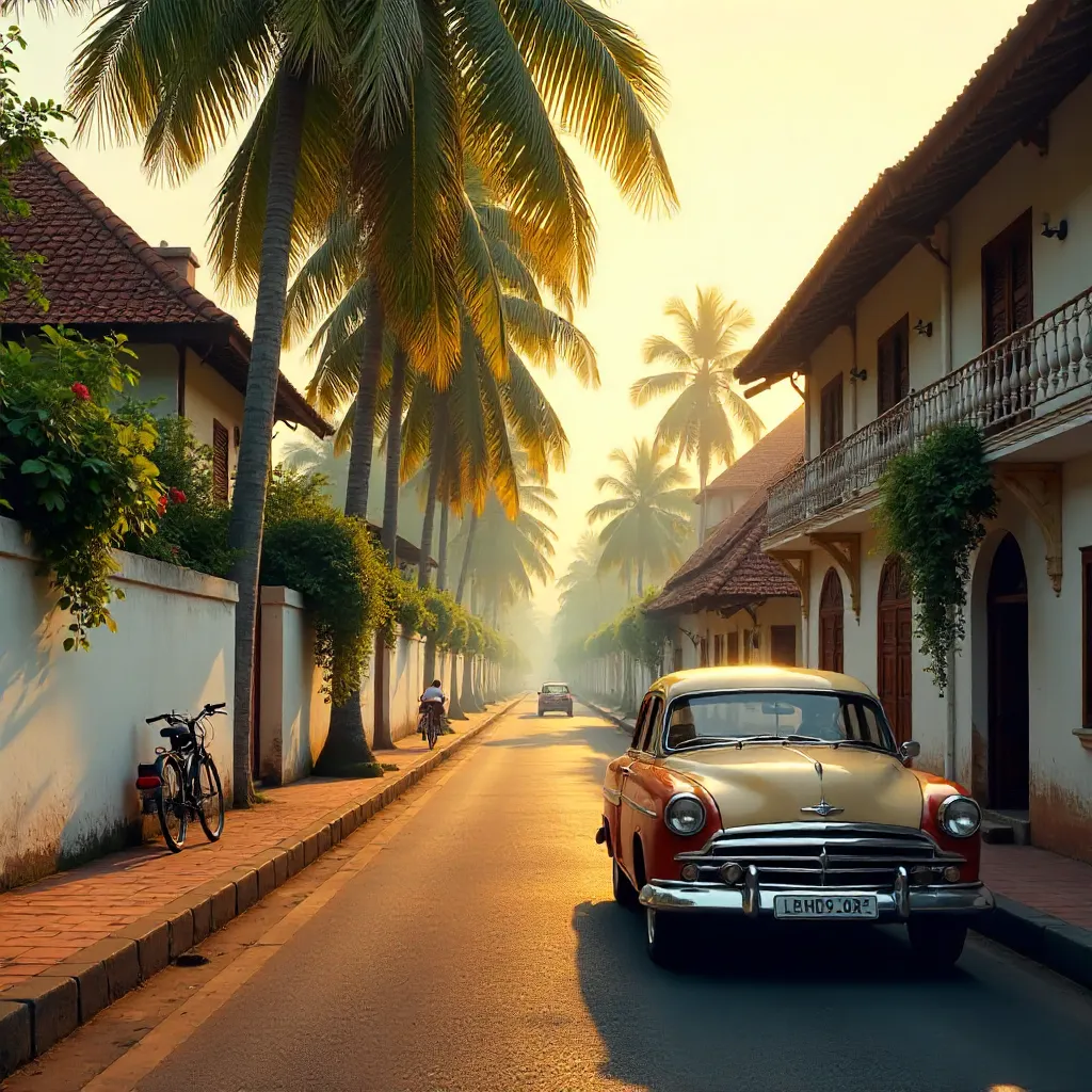 Kerala Scenic Street with Vintage Car and Colonial Architecture