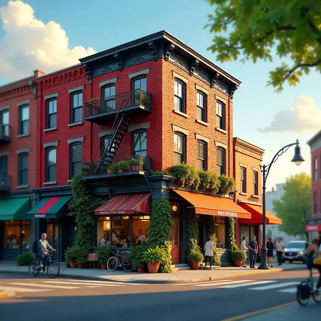 Vibrant Red Brick Corner with Lush Greenery