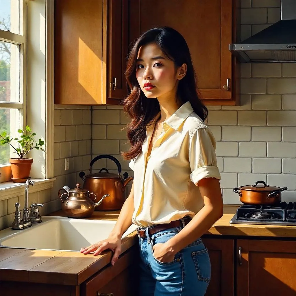Young Asian Woman in a Kitchen: Oil Painting