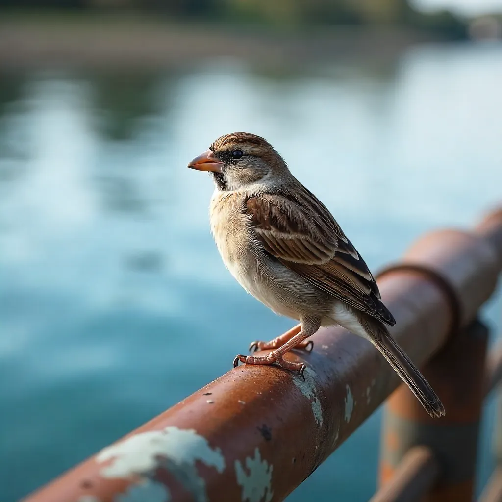 Brown Sparrow on a Waterside Metal Railing