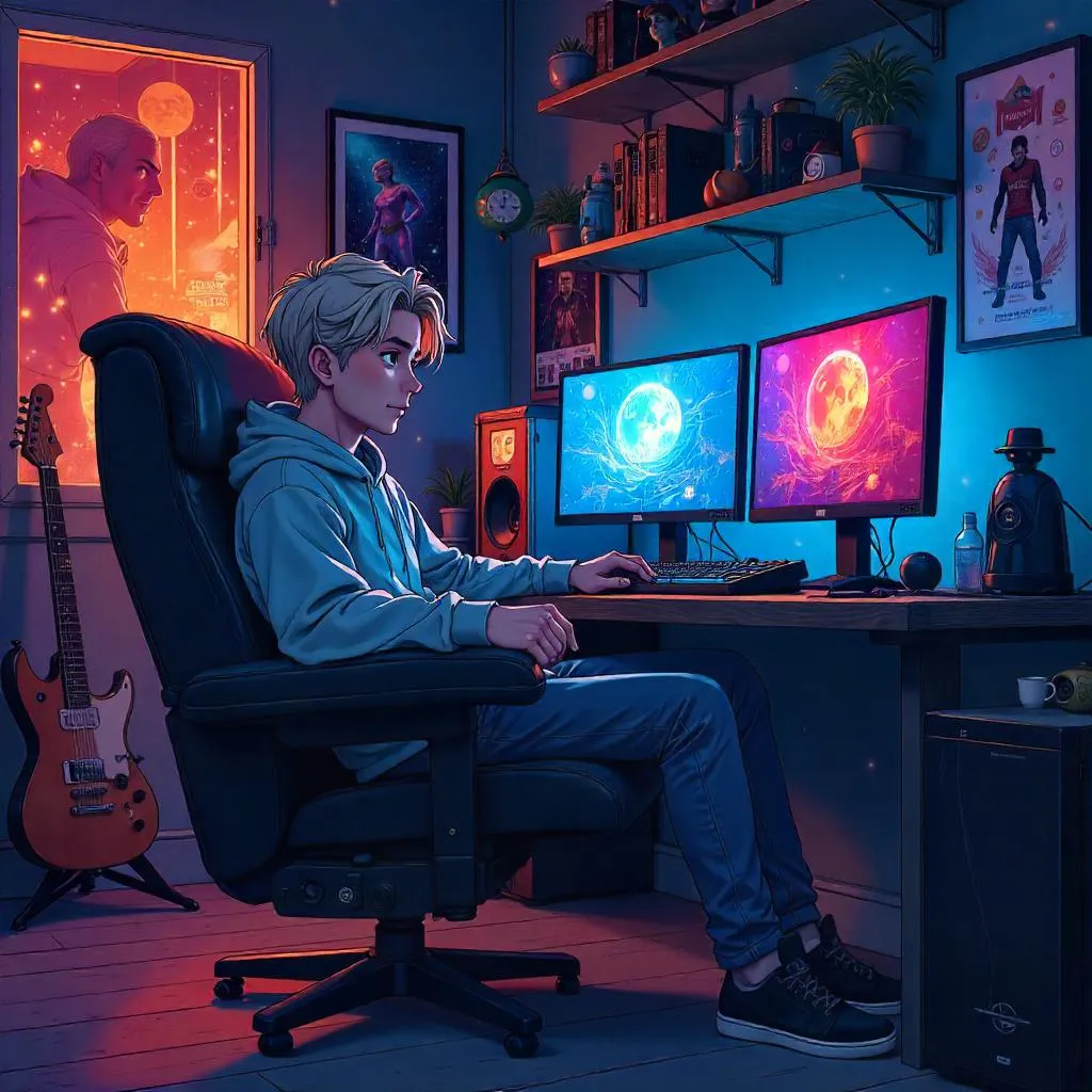 Anime Style Man Cave: Neon-lit Retreat for a Young White Man