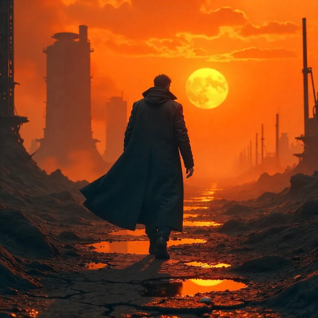 Dystopian Walk: Black Coat in Orange Abyss