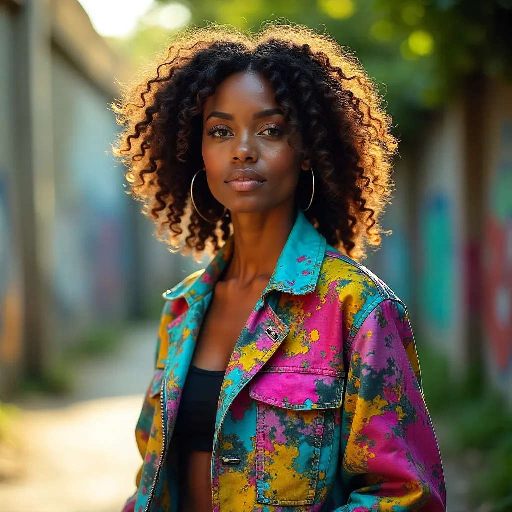 Curly-Haired Woman in a Vibrant Art Jacket Outdoors
