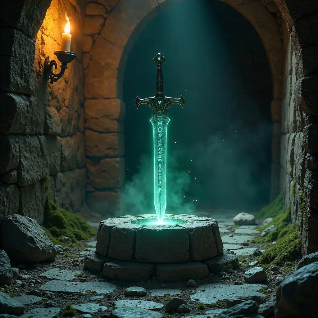 Enchanted Sword in a Moonlit Crypt