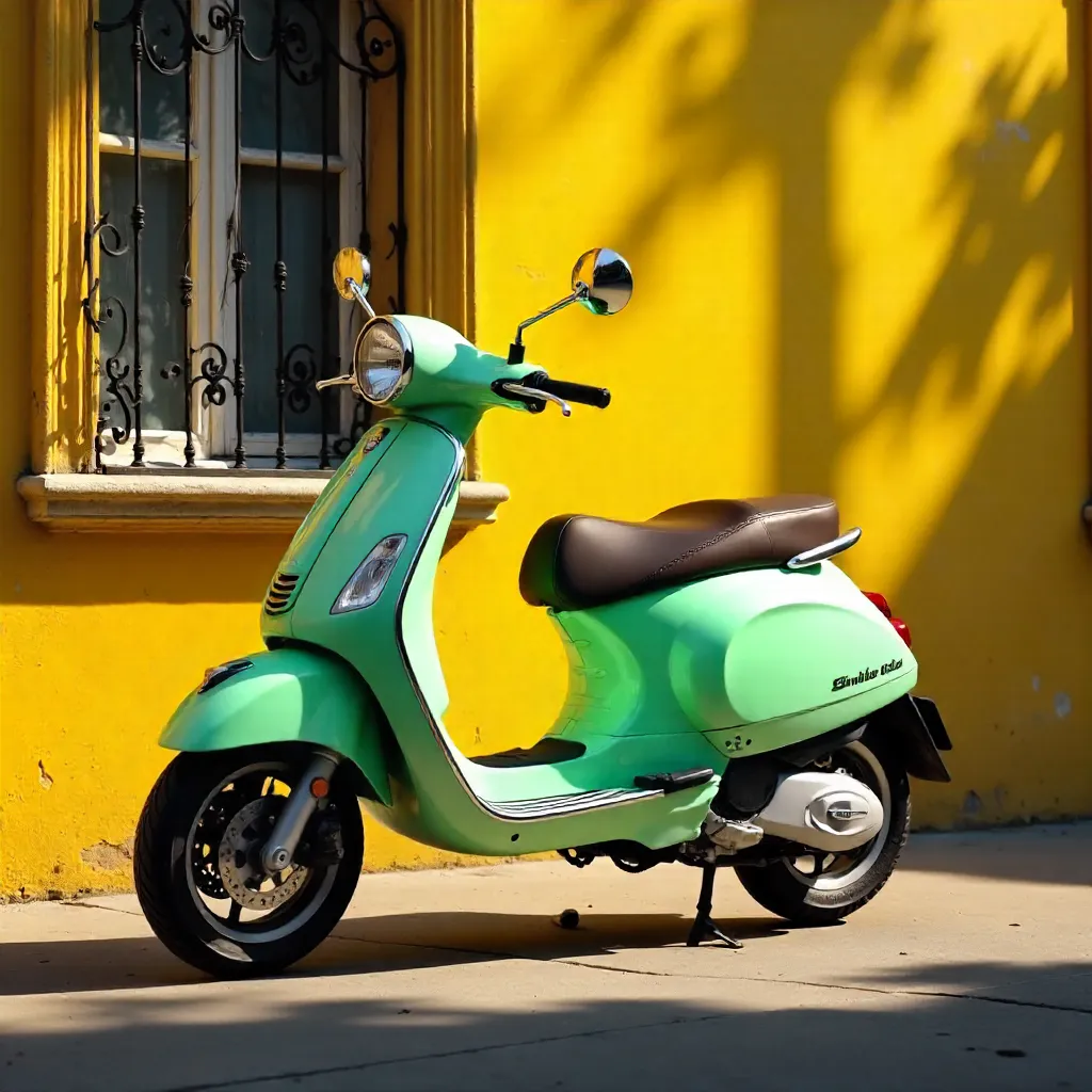 Mint Green Scooter by a Vibrant Yellow Wall