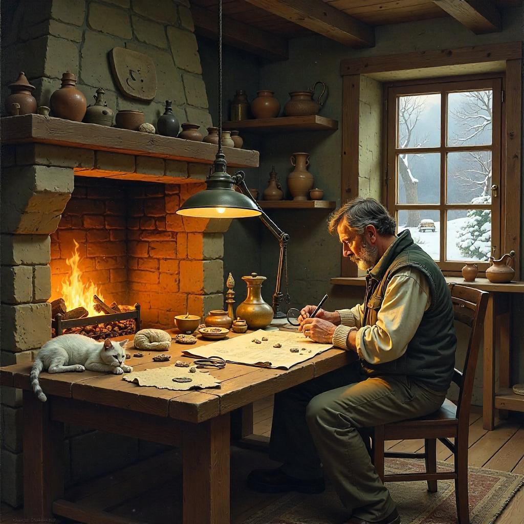 Archaeologist in a Cozy Cottage – Oil Painting