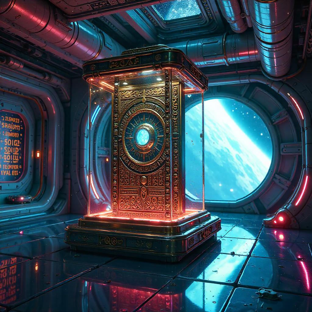Sacred Relic on a Neon Space Station
