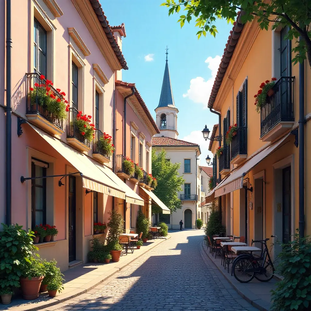 Sunlit European Street: Classic Facades, Blooms, and Sky