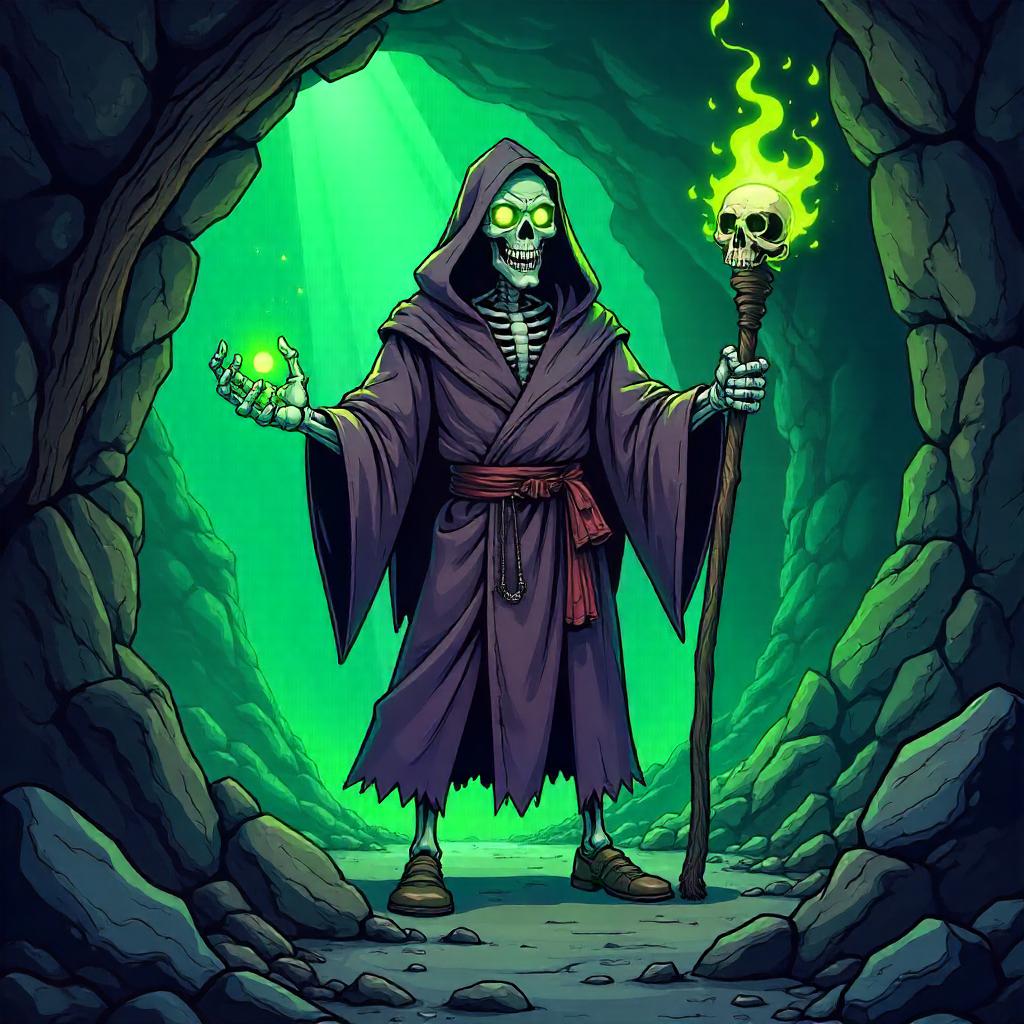 Cartoon Lich in a Dim Mine: Playful Spook