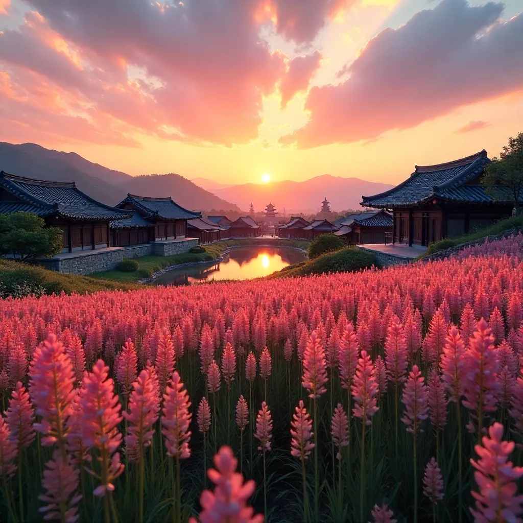 Sunset Over Gyeongju: Pink Muhly and Hanok Cityscape