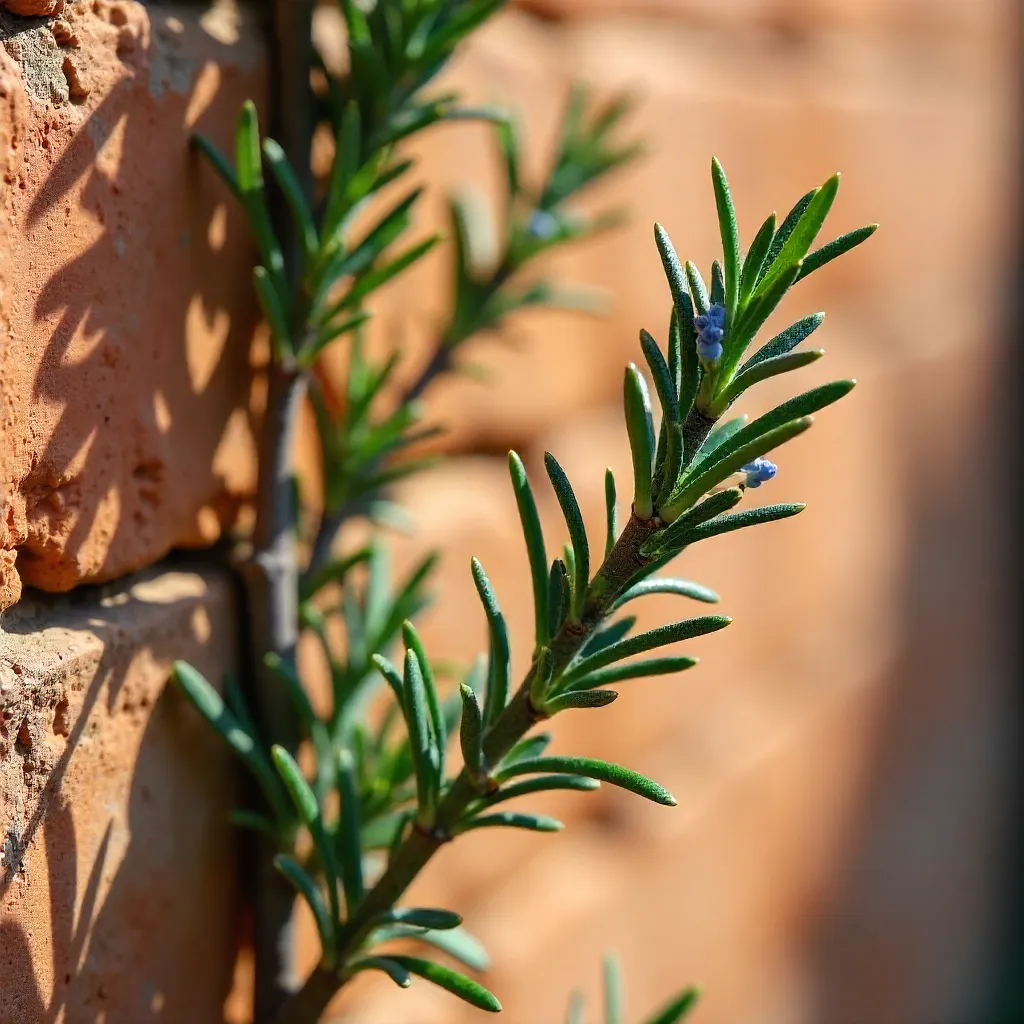 Rosemary Climbing a Rustic Terracotta Wall