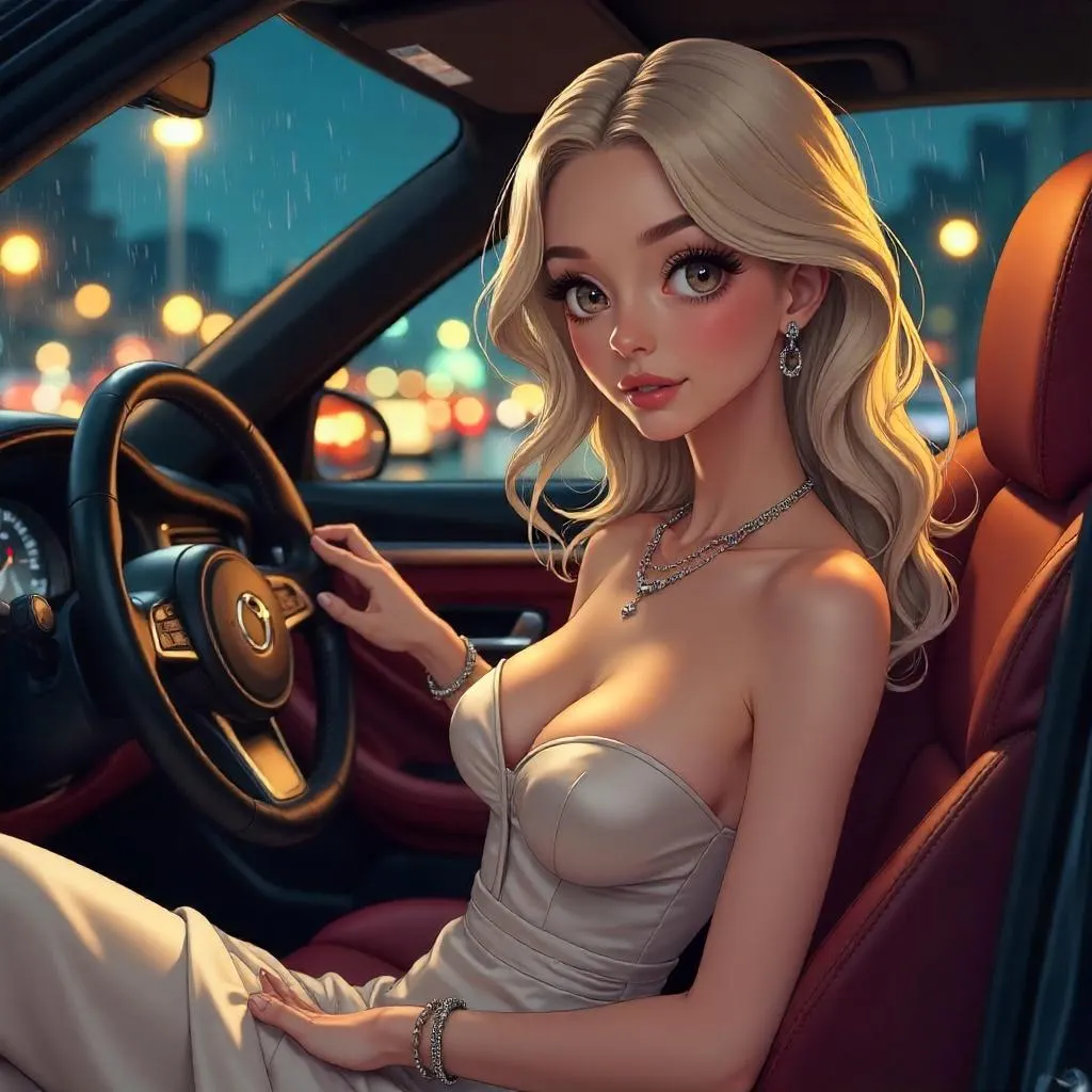 Elegant White Woman in a Luxury Car - Anime Style Portrait
