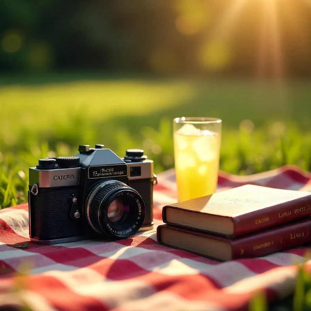 Sunlit Vintage Camera on a Checkered Picnic Blanket