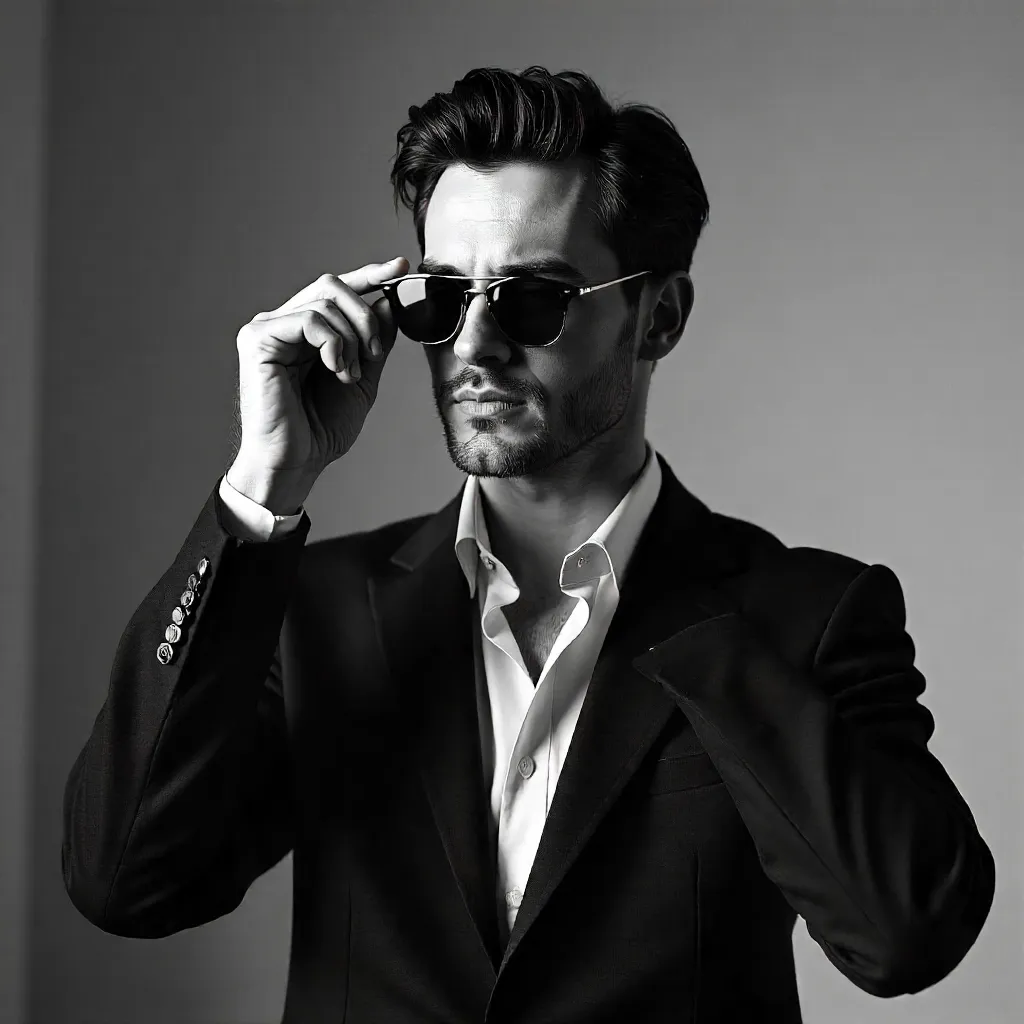 Monochrome Studio Portrait: Man Adjusting Sunglasses