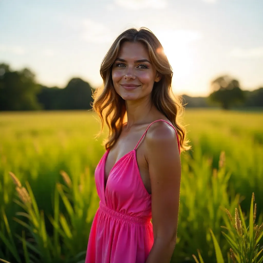 Portrait in a Vibrant Pink Dress in a Lush Field
