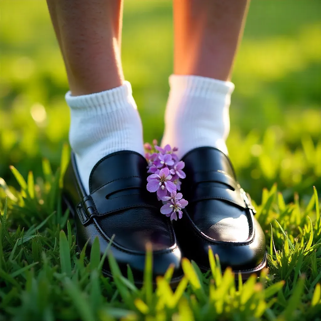 Black Loafers with White Socks Amid Lilac Blooms on Grass