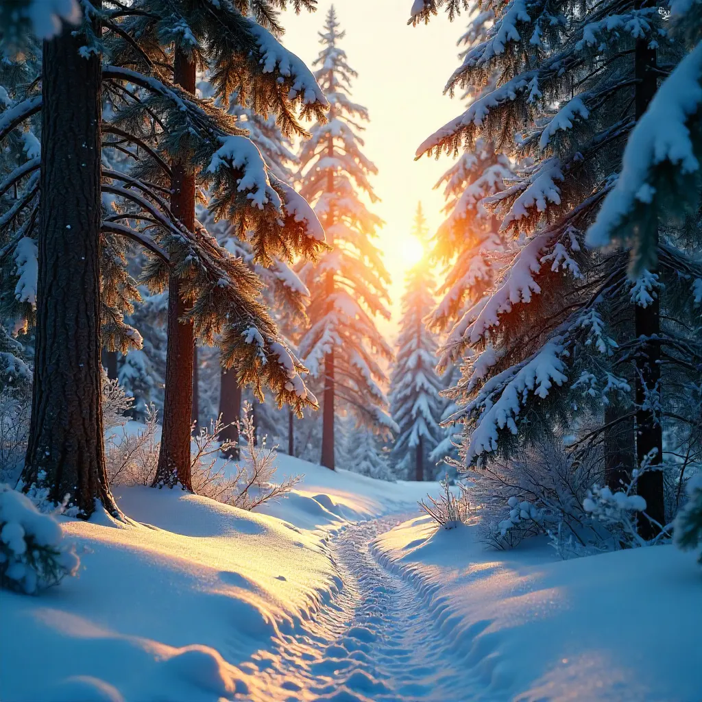 Sunlit Serene Winter Forest Scene