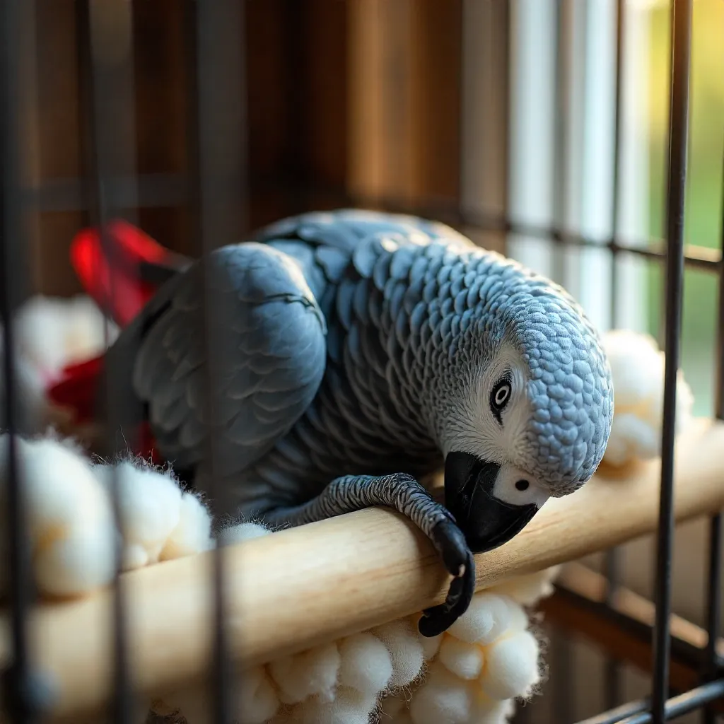 Dreamy Sleep of an African Grey Parrot in a Cozy Cage