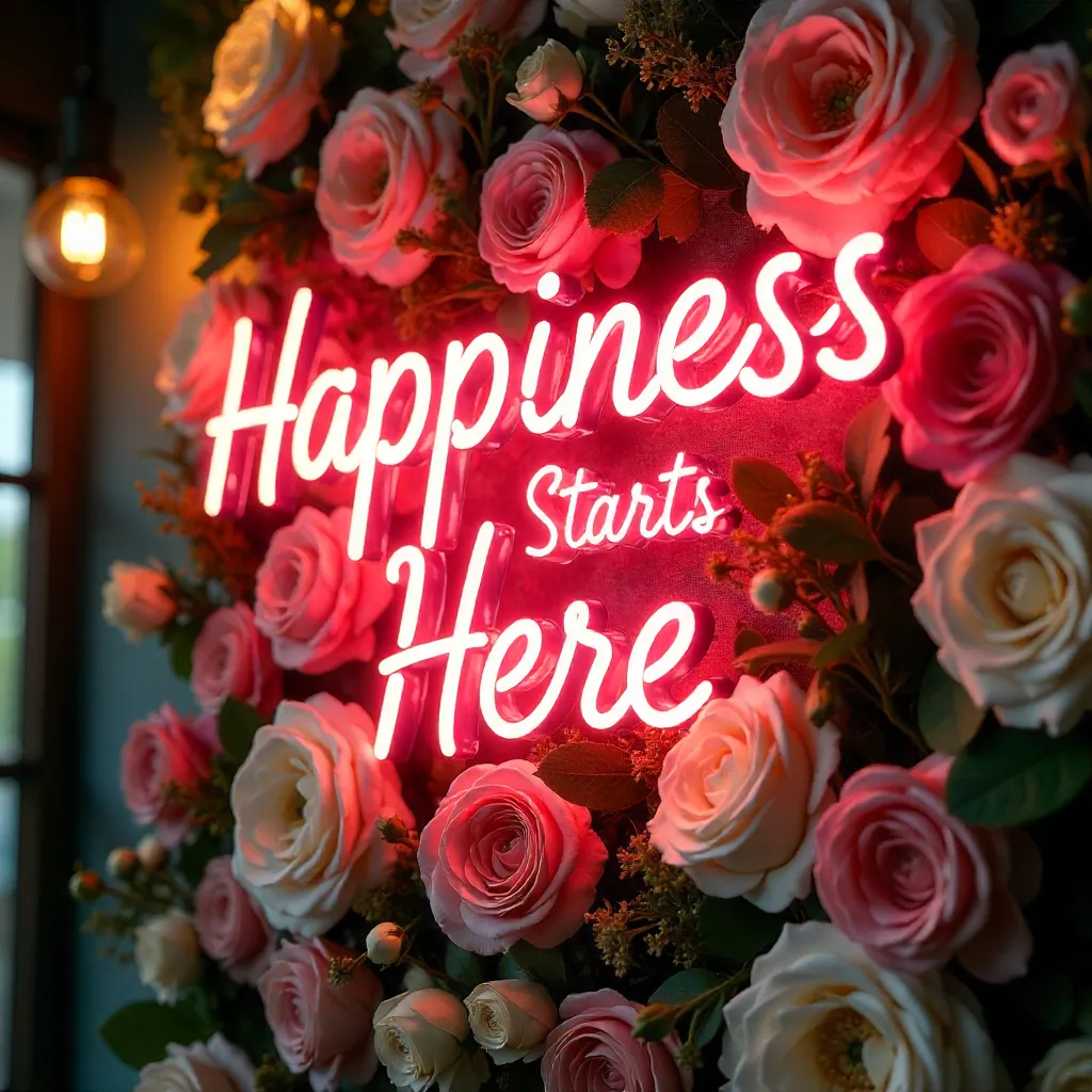 Neon Sign: Happiness Starts Here on Floral Wall