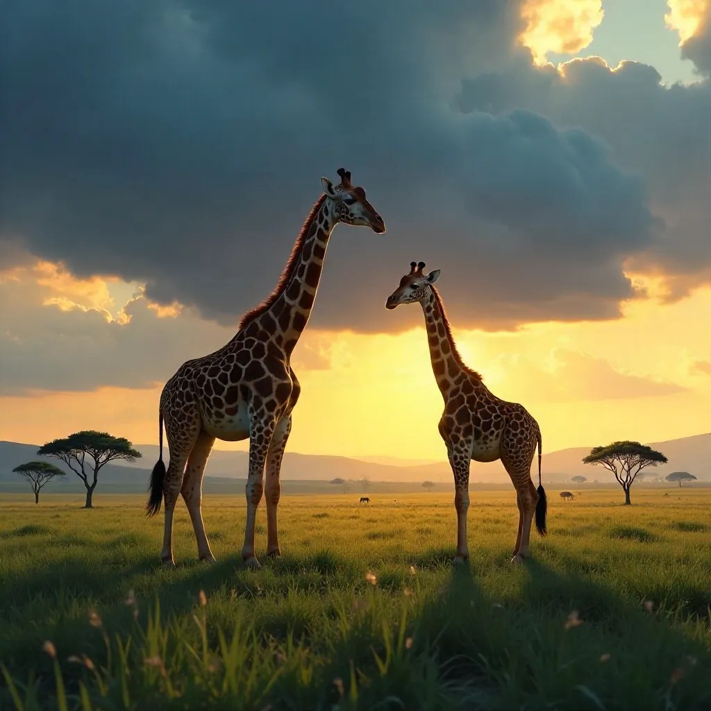 Two Giraffes Under a Dramatic Cloudy Sky