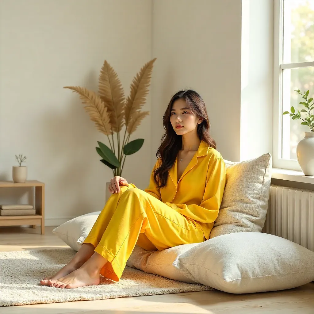 Woman in Yellow Loungewear in a Minimalist Room