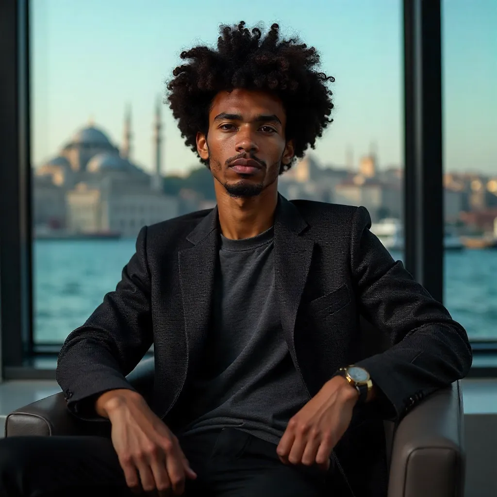 Afro-Haired Young Man in Istanbul Studio Portrait
