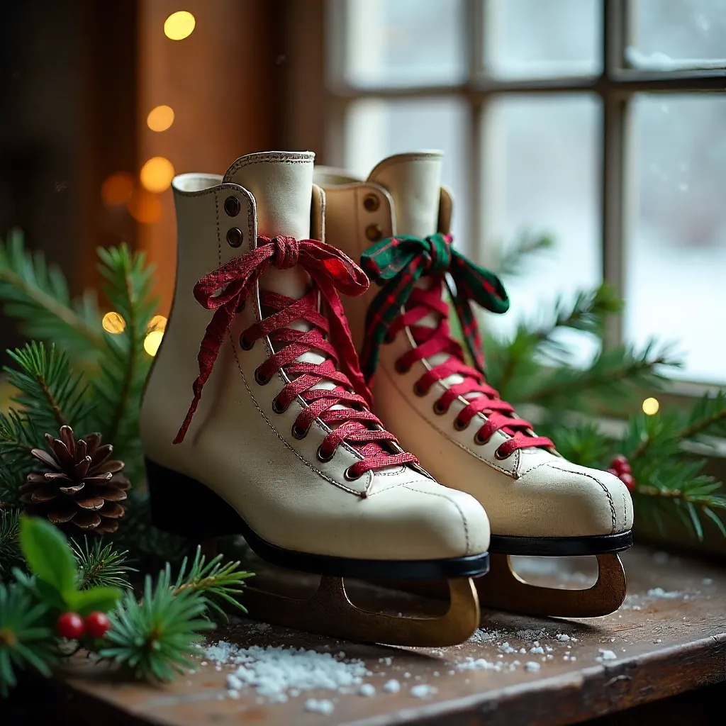 Vintage Ice Skates with Ribbons and Evergreen Decor