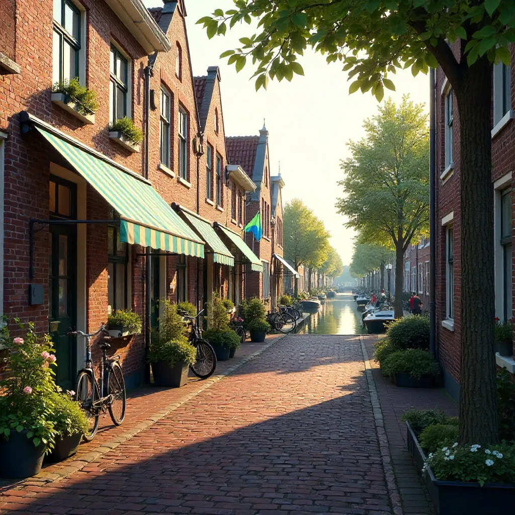 Volendam Streets: Quaint Brick Homes with Striped Awnings