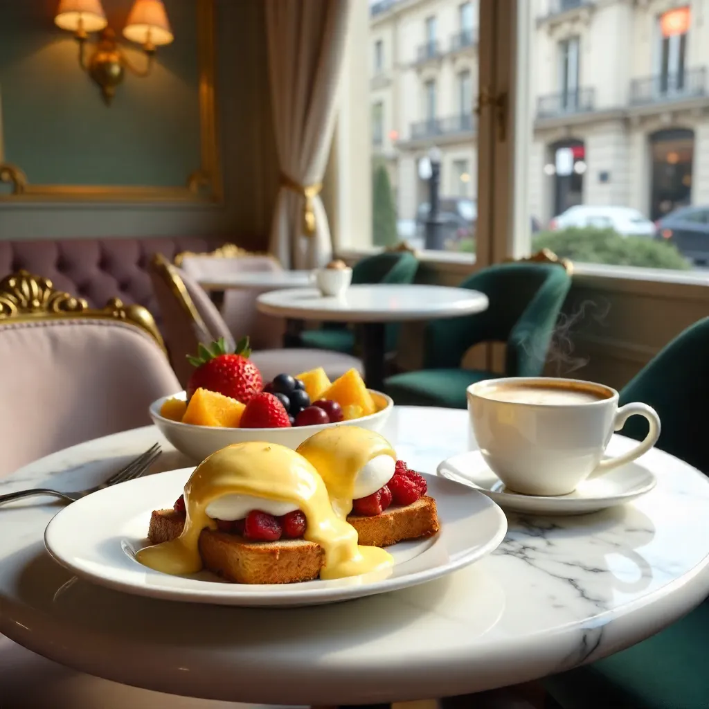 Chic Parisian Café Breakfast: Eggs Benedict & Fruit