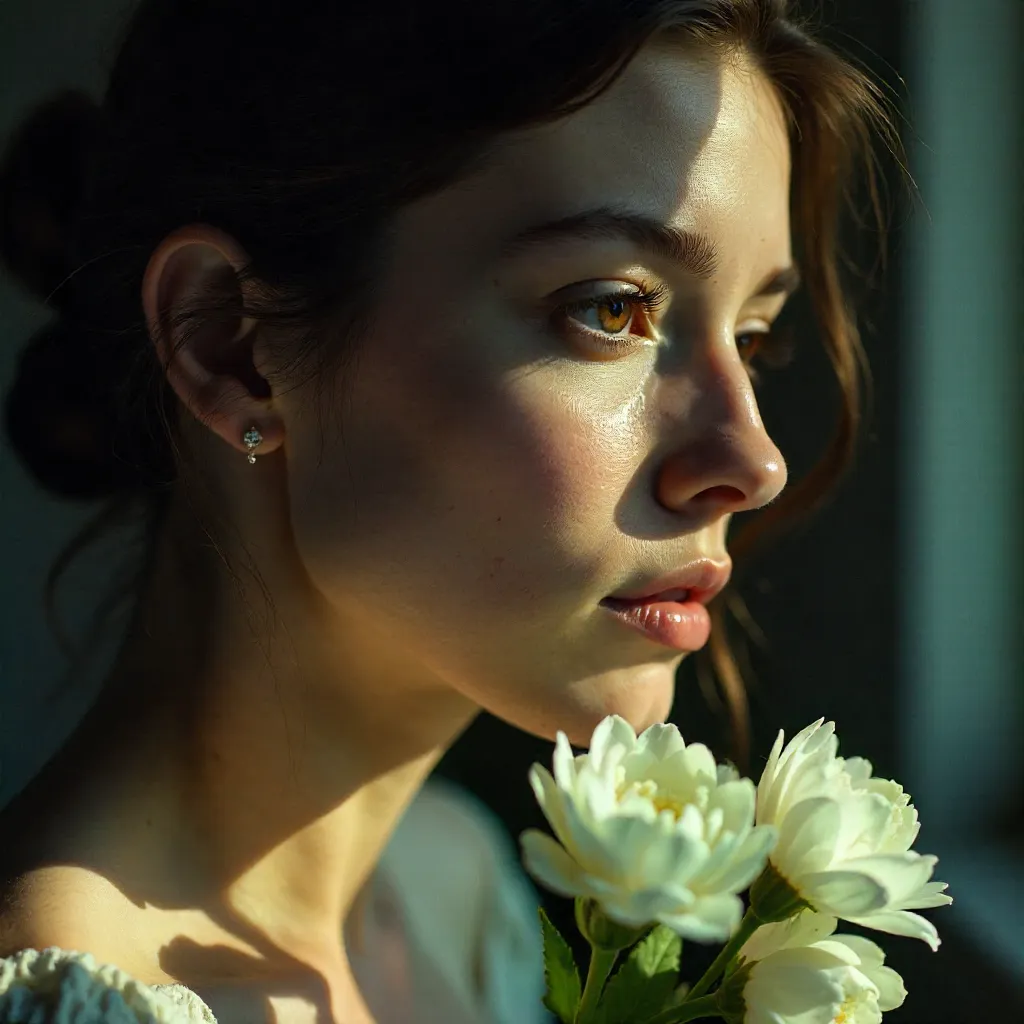 Moody Portrait: Woman with White Flowers in Soft Light