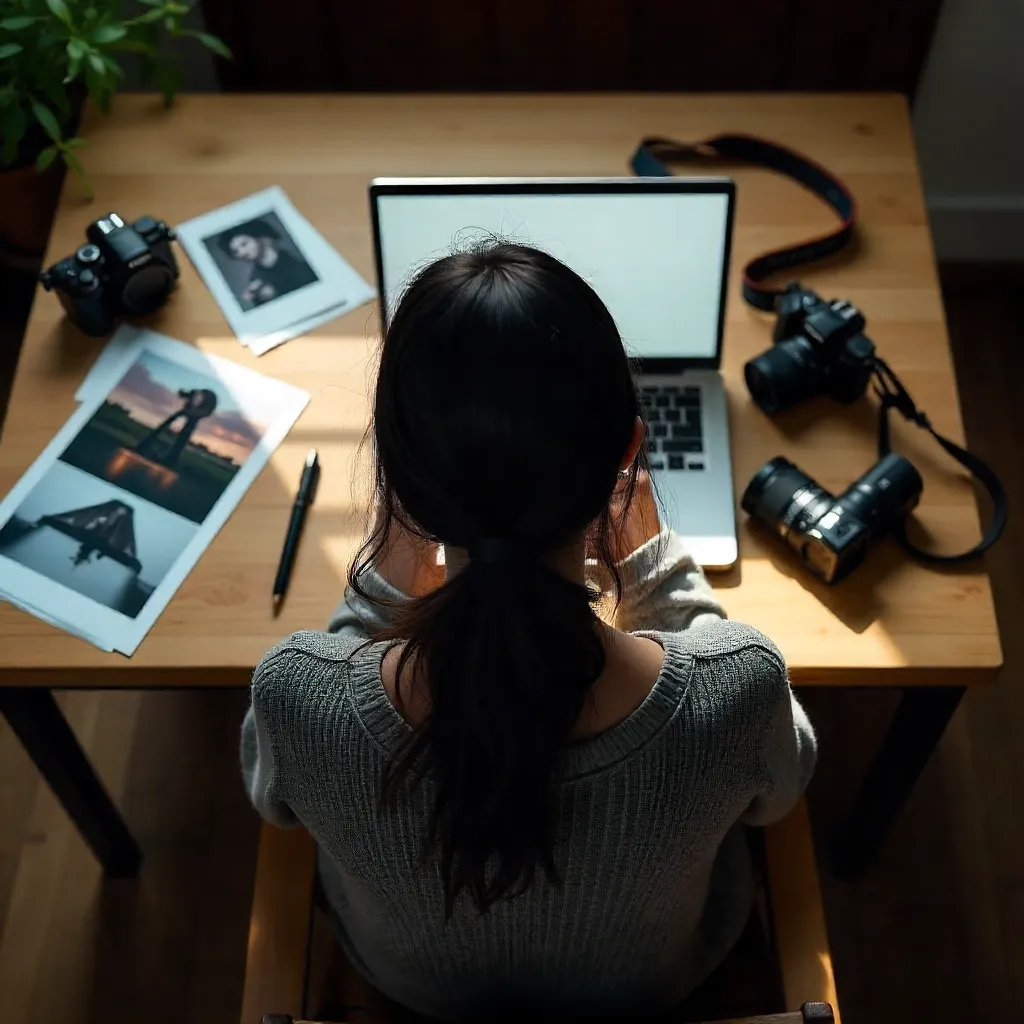 Back View of Anonymous Female Photographer at Desk