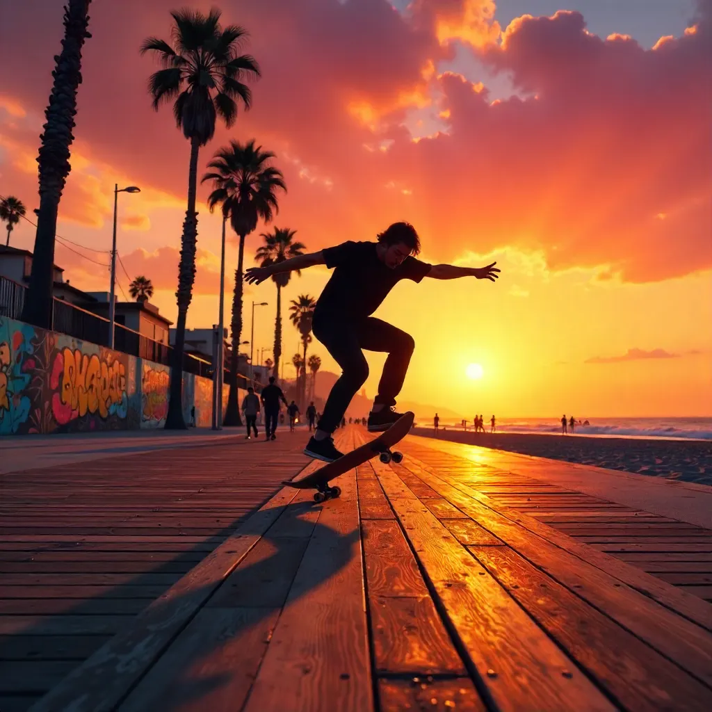 Silhouette Skater at Sunset in Venice Beach