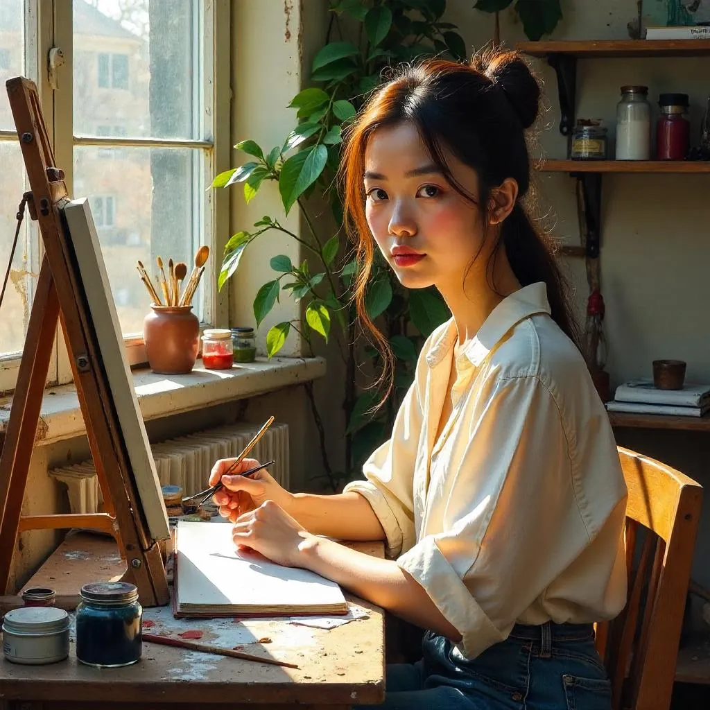 Oil Portrait of a Young Asian Woman in a Studio