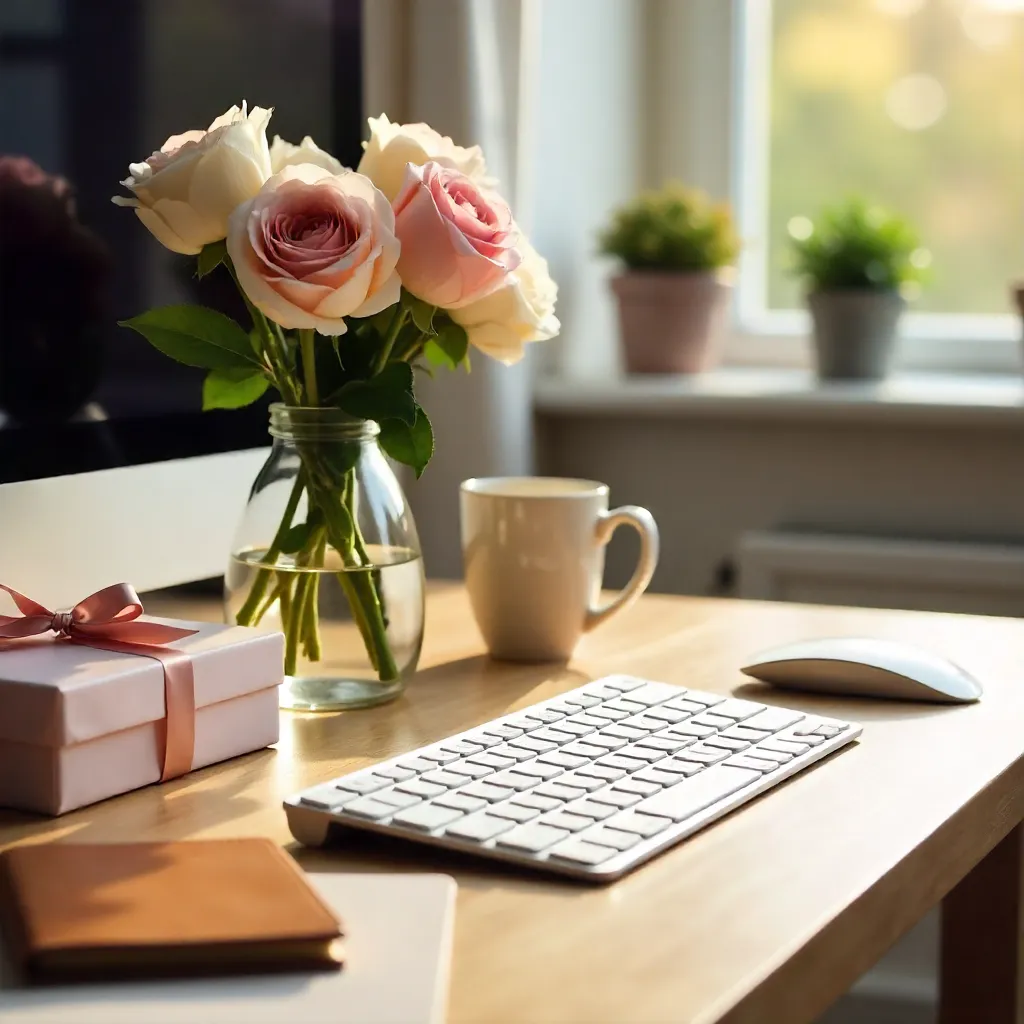 Elegant Desk Setup with Roses, Gift, Notebook, and Keyboard