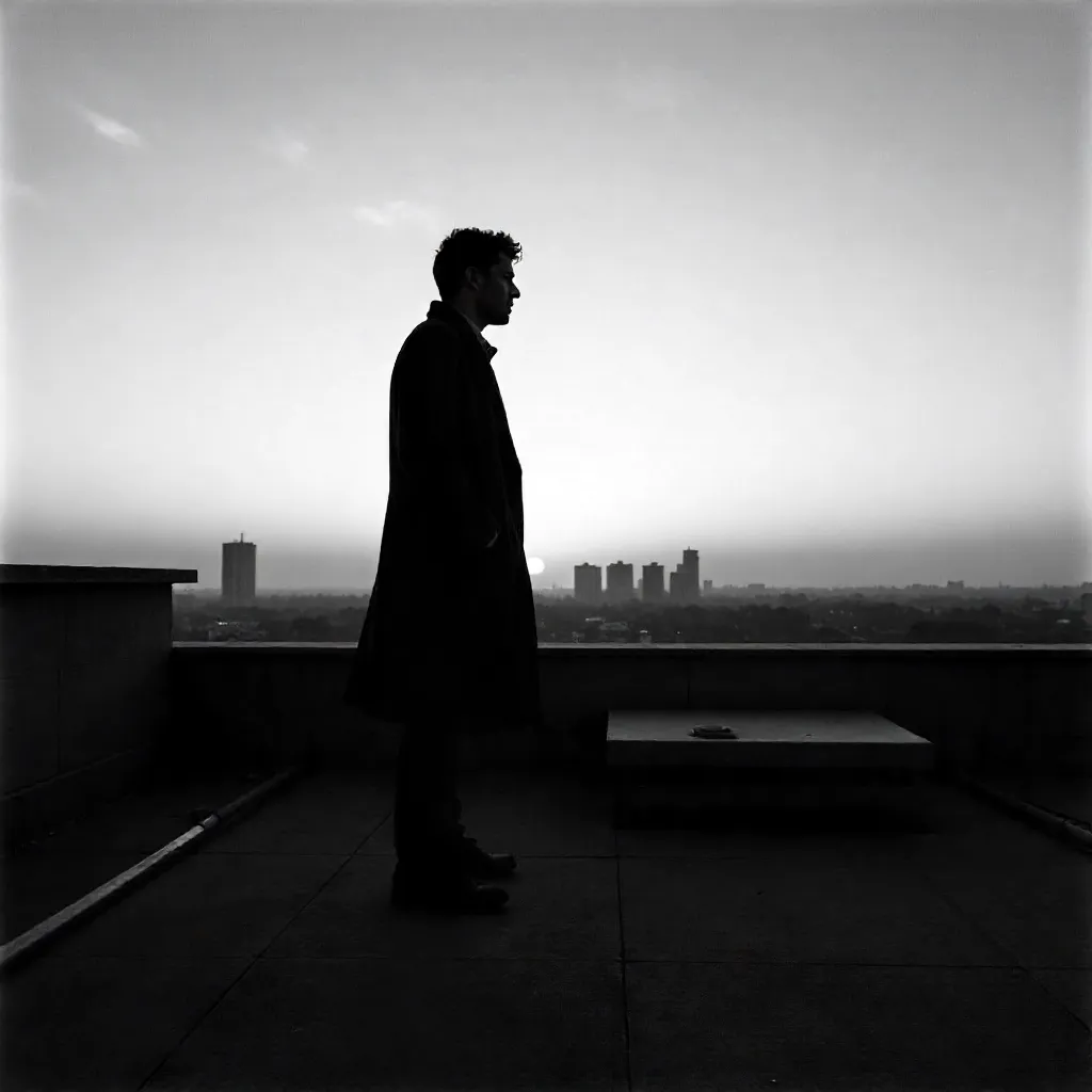 Twilight Rooftop Silhouette in Monochrome