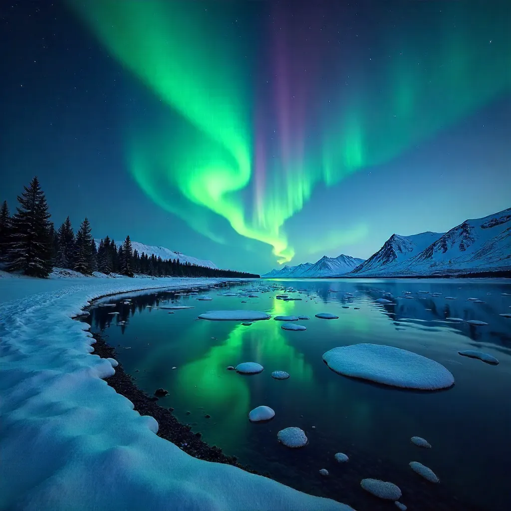 Aurora Over an Icelandic Icy Lake at Night