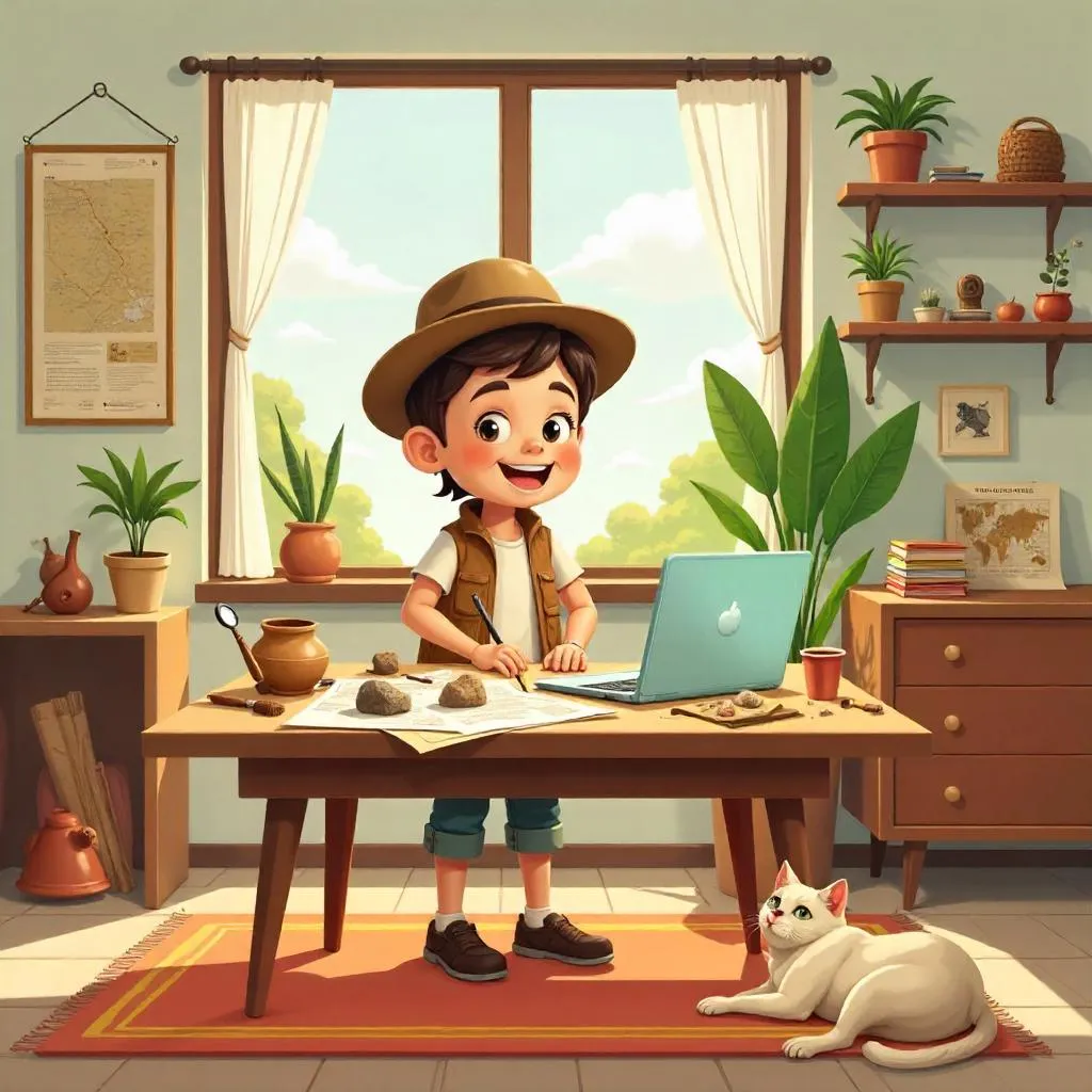 Cartoon Archaeologist in a Cozy Apartment