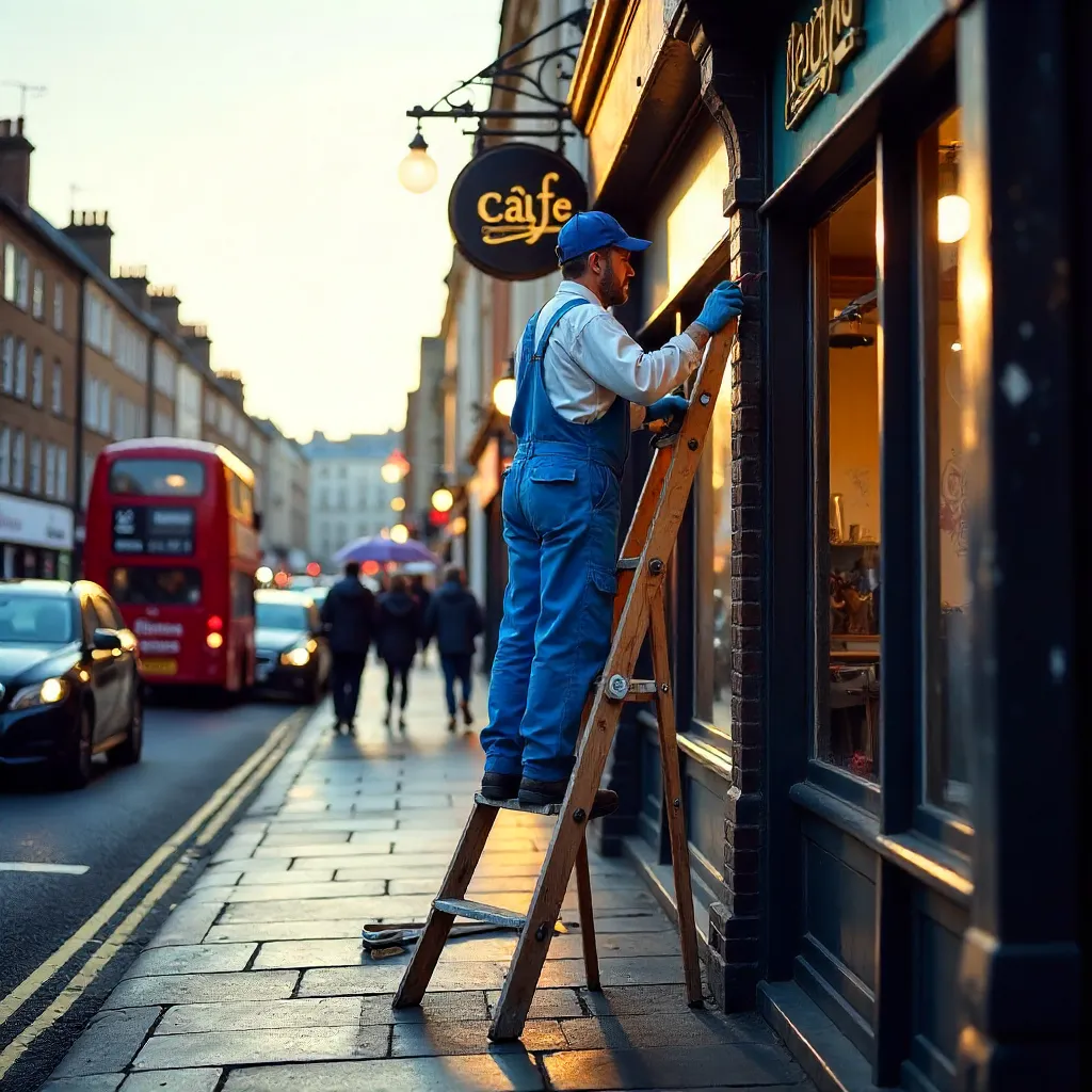 Blue Overalls Painter on Abbey Road Café Sign