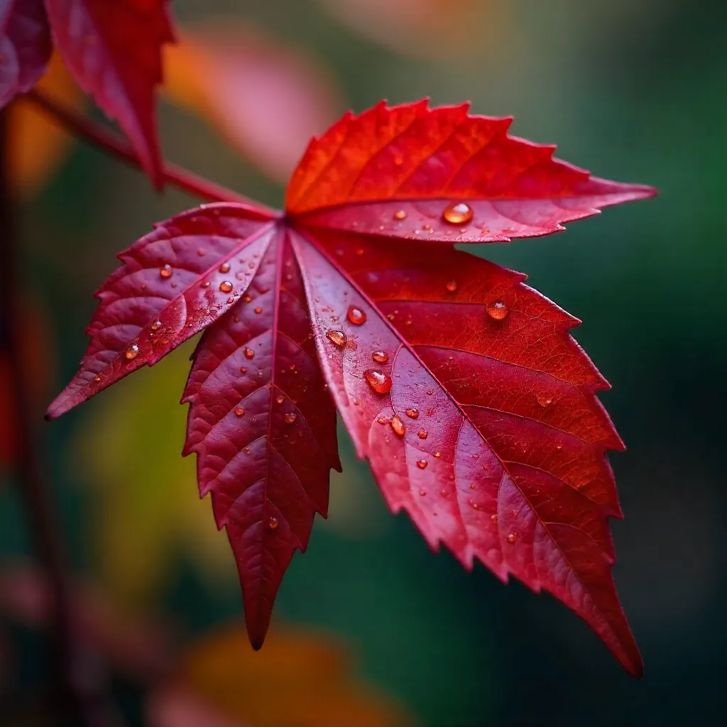 Close-Up Crimson Autumn Leaves with Raindrops