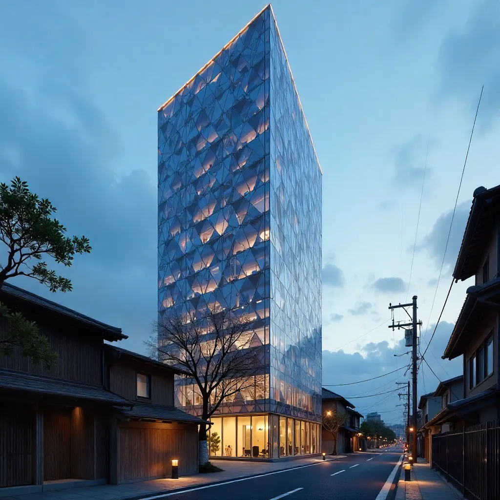 Geometric Glass High-Rise in Kyoto at Dusk