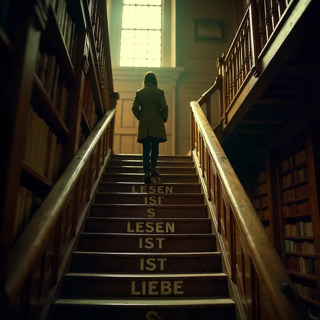 Solitary Climb: Lesen Ist Liebe on Wooden Stairs