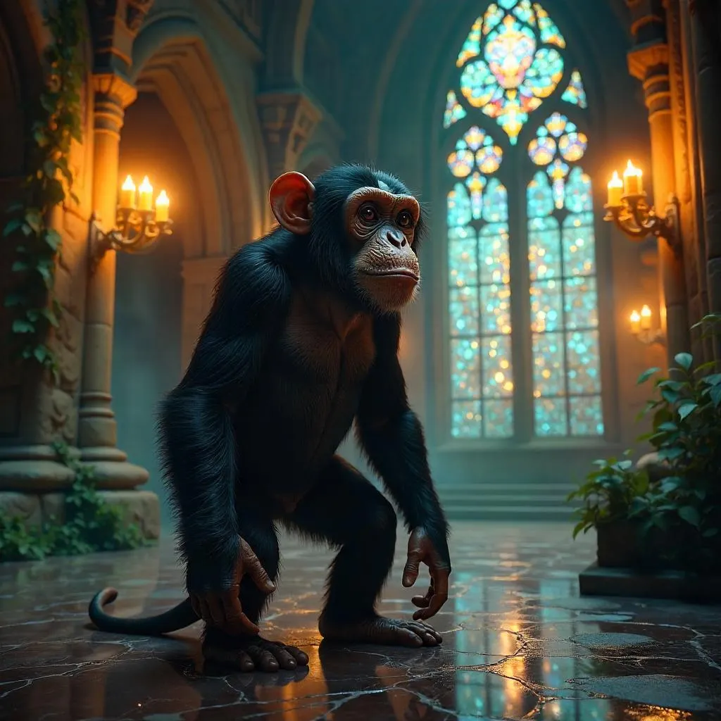 Photorealistic Chimp in an Enchanted Castle Hall