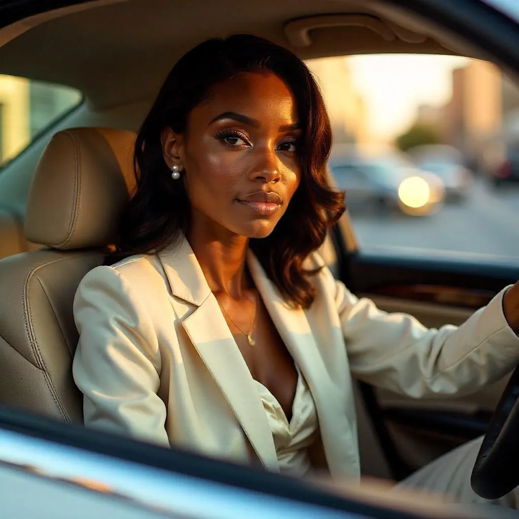 Elegant Black Woman in a Photorealistic Car Interior