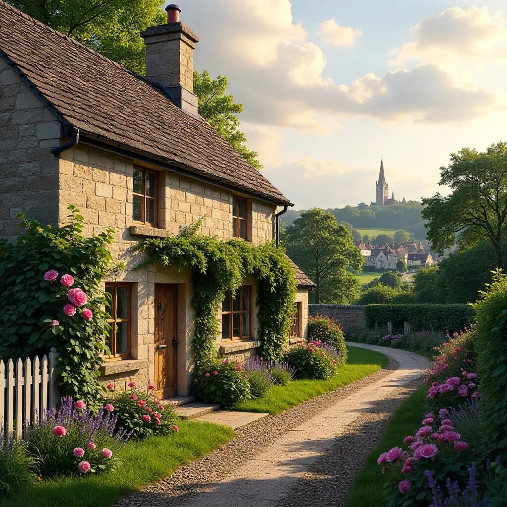 Stone Cottage with Pink Roses in Malmesbury