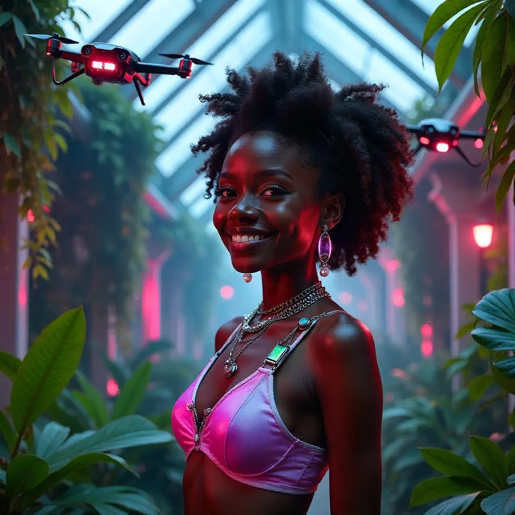 Cheerful Cyberpunk Girl in a Neon Conservatory